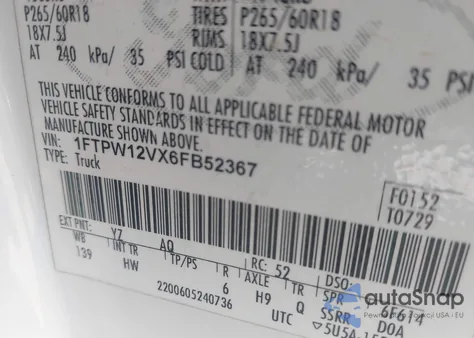 2006 Ford F-150 Lariat/Xlt из США, поврежденный, VIN 1FTPW12VX6FB52367